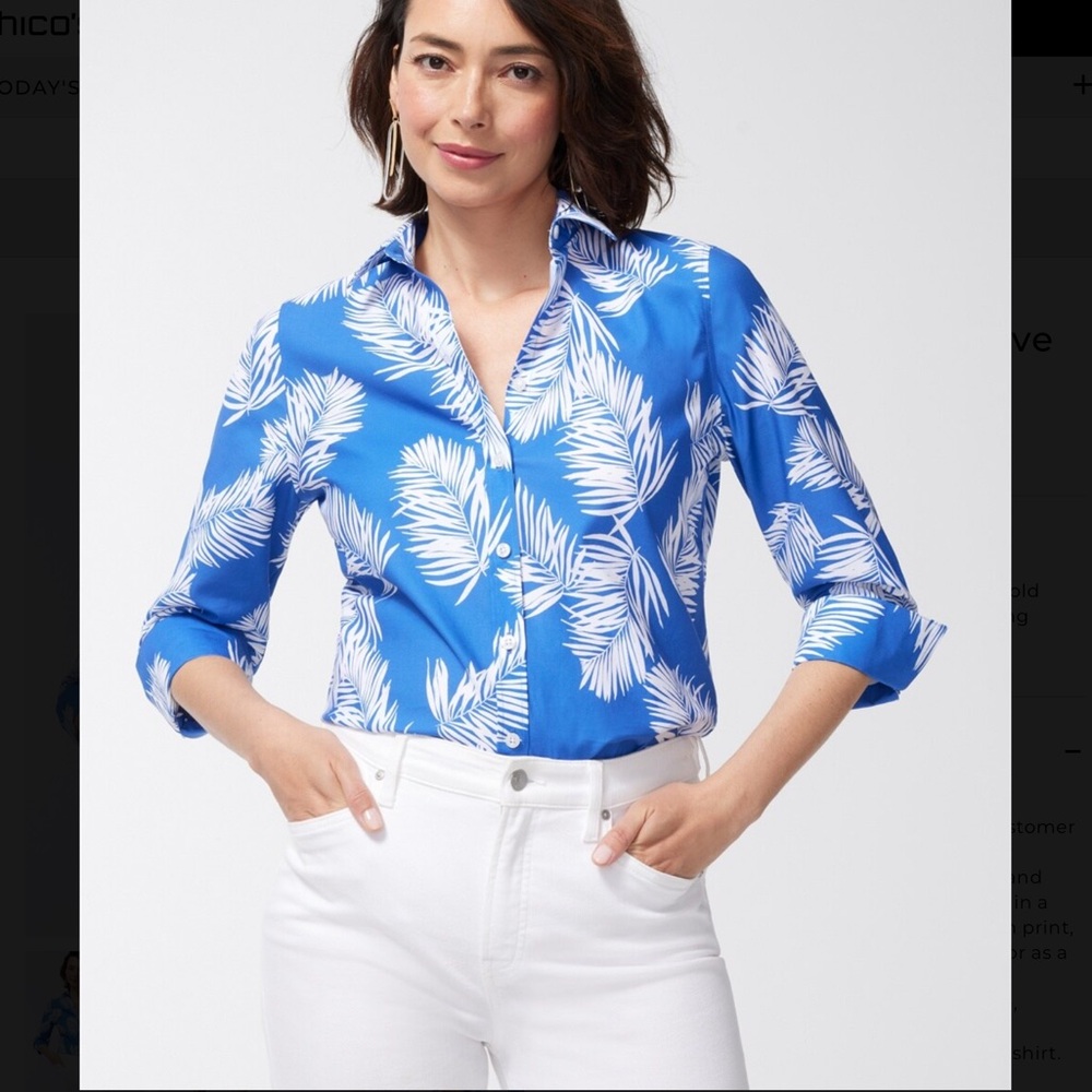 Chico’s No Iron Stretch 3/4 Sleeve Palms Shirt Chico’s Size 3 (Reg 16)